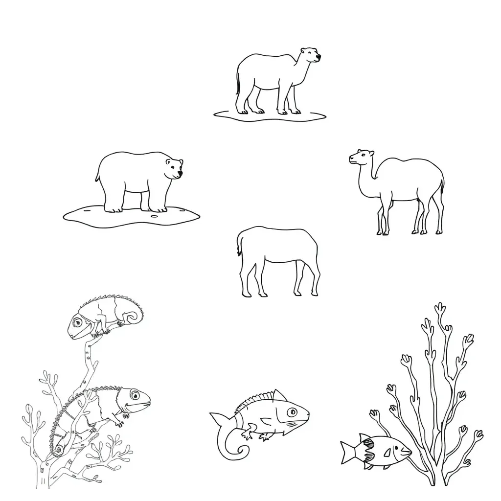 Various animals showing adaptations