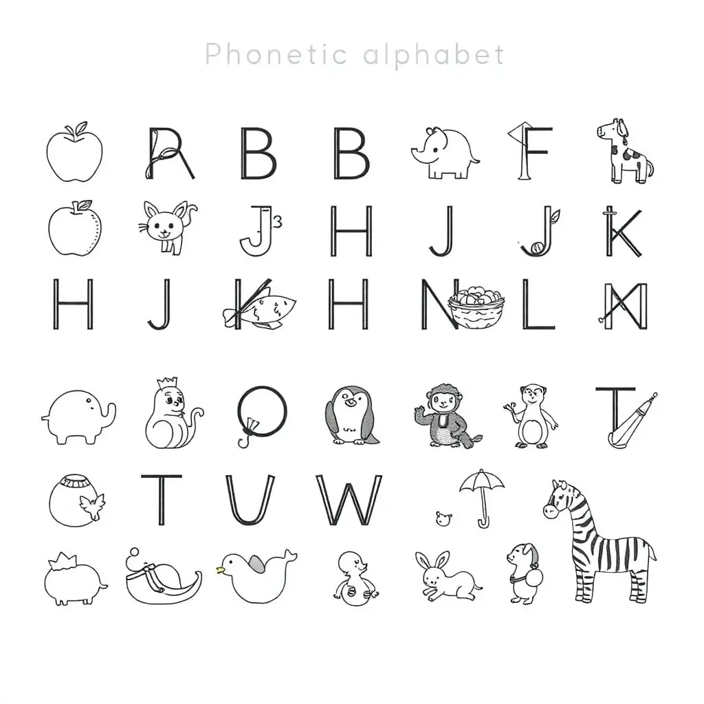 Phonetic alphabet illustration with letters and pictures