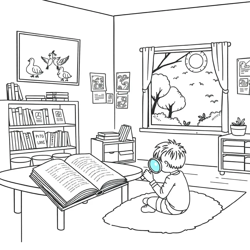 Detective with magnifying glass looking at pictures