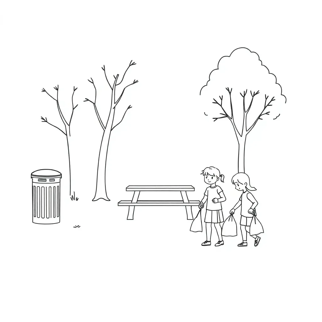 Students cleaning up a park with trash bags and recycling bins