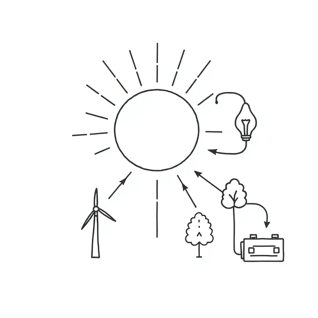 Energy symbols including sun, lightning bolt, and wind turbine