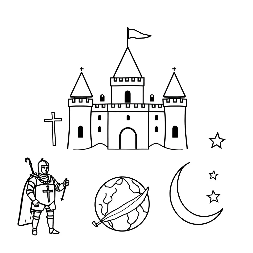 Medieval castle and world map illustration