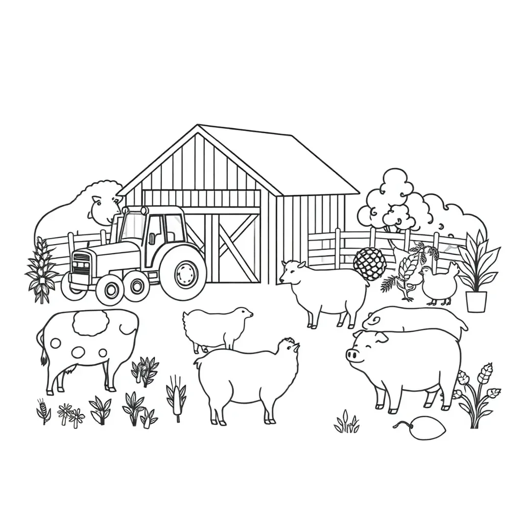 Farm animals and crops illustration