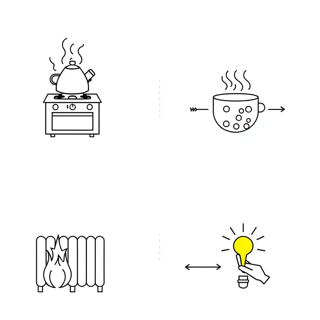 Heat transfer illustration showing conduction, convection and radiation