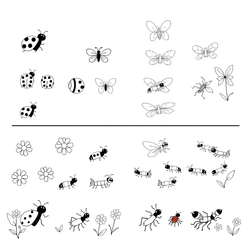 Colorful cartoon bugs including ladybugs, butterflies, and beetles