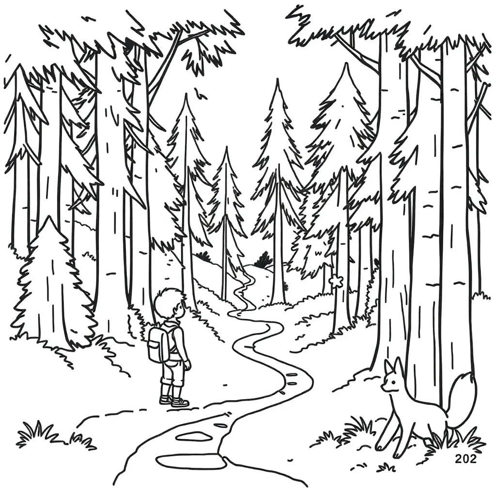 A boy lost in a forest with tall trees