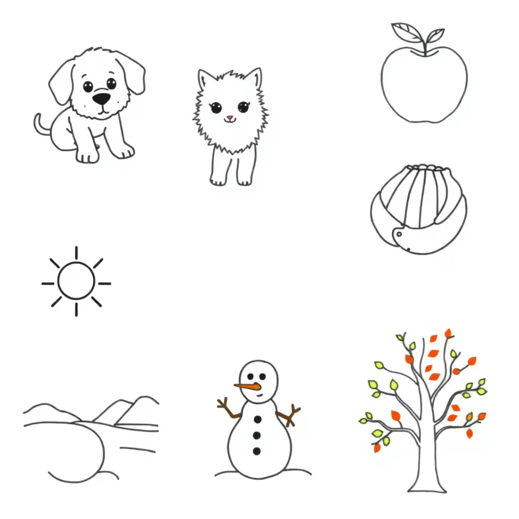 Children writing sentences with pictures of pets, fruit and seasons