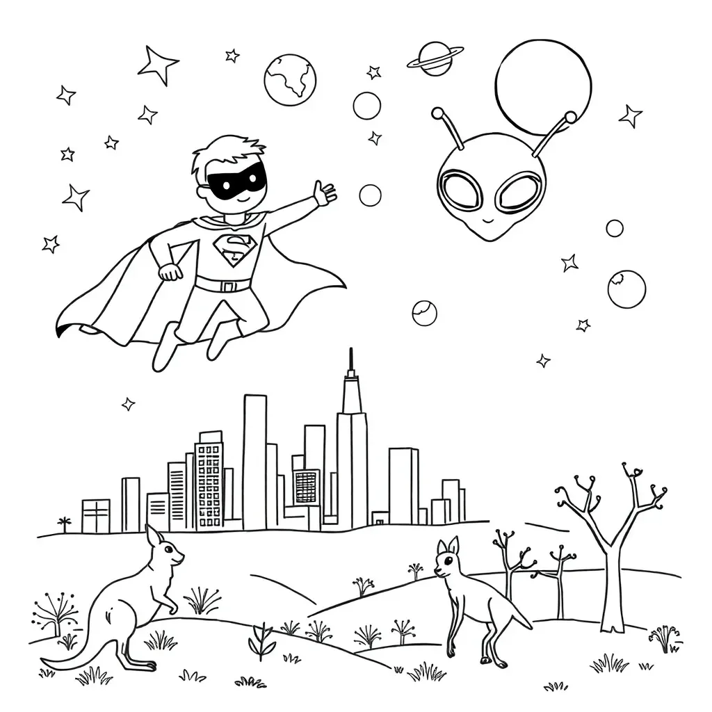 Superhero and alien characters writing