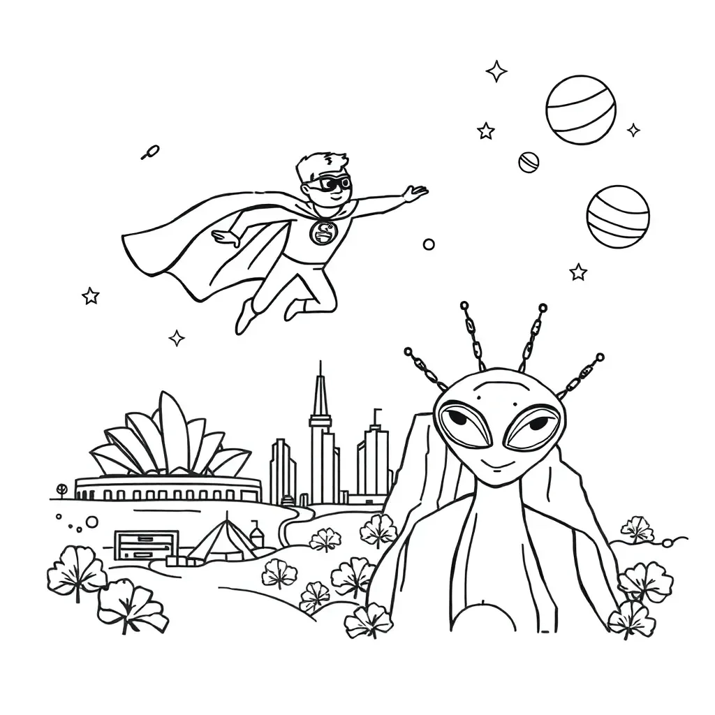 Superhero and alien characters illustration