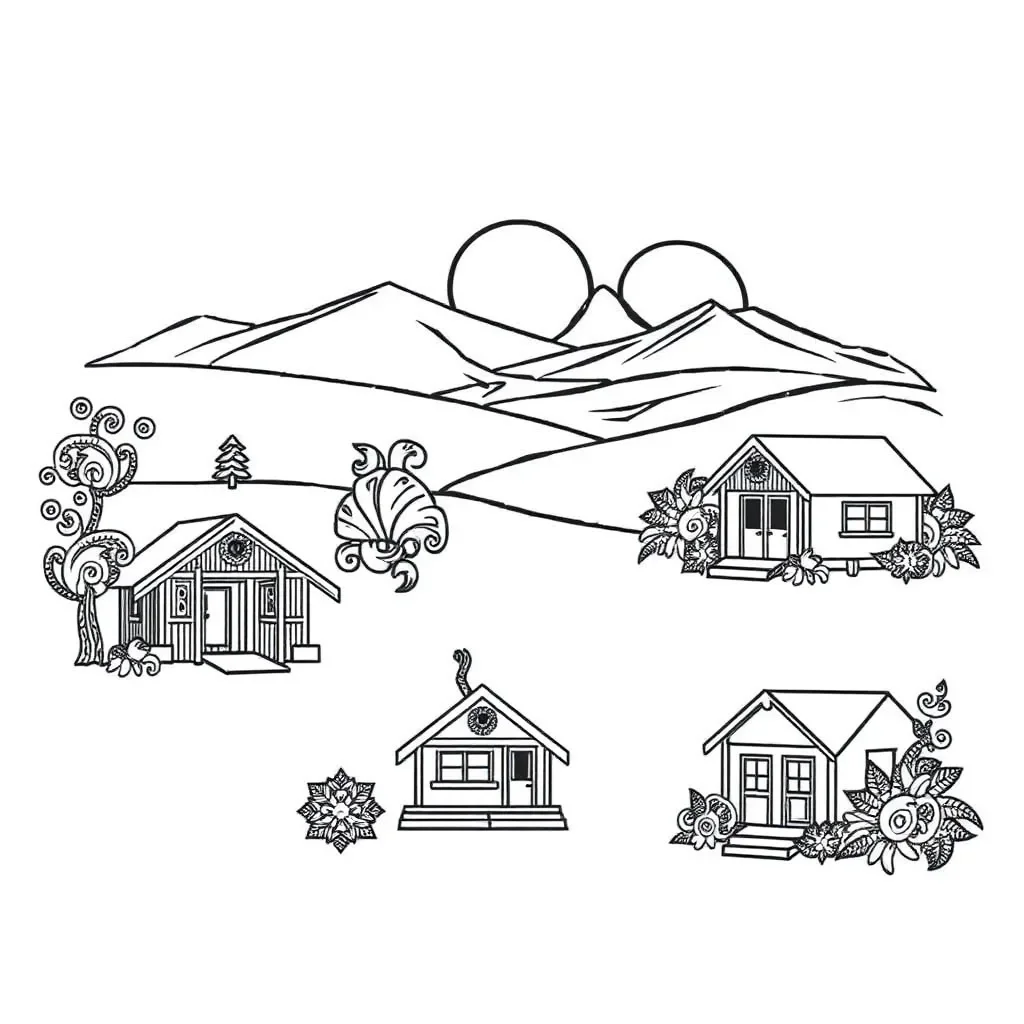 Different types of shelters including house, tent, and cave