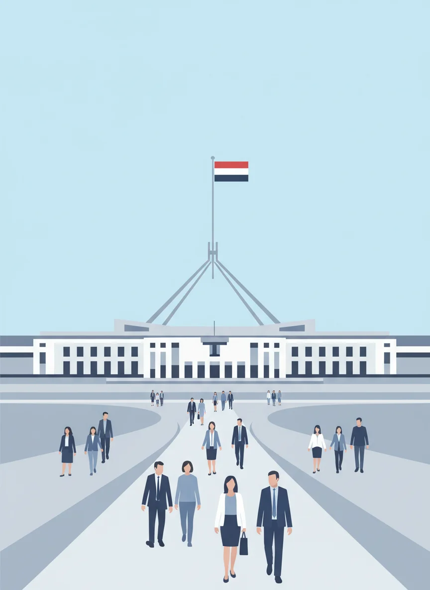Australian Parliament House and legal scales illustration