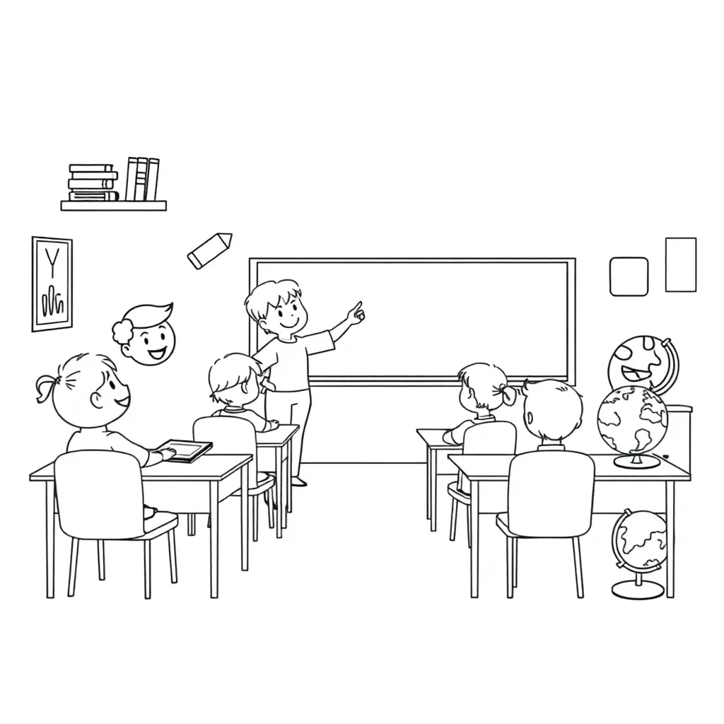 Children reading books with 'ew' words floating around them