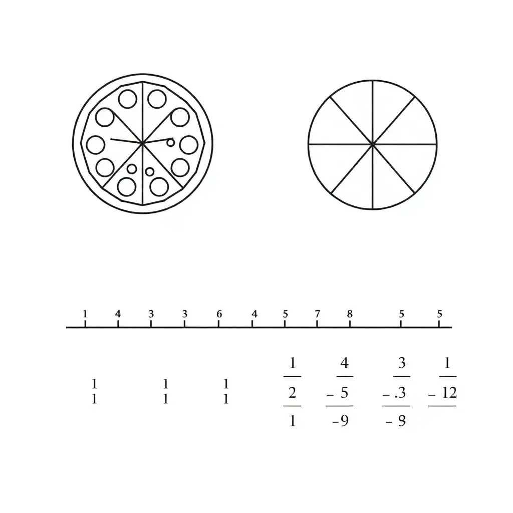 Fraction illustration with pizza slices and fraction walls
