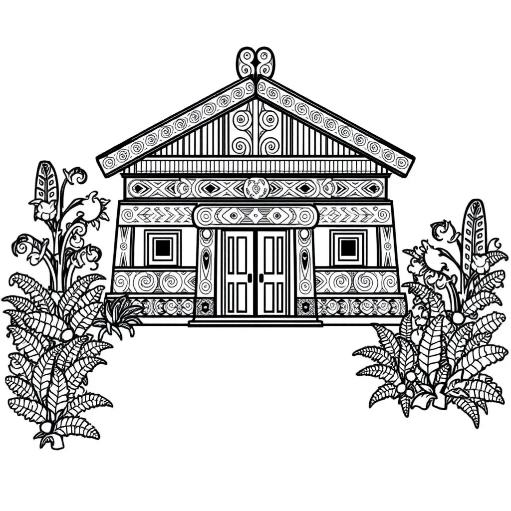 Marae illustration with wharenui and waharoa