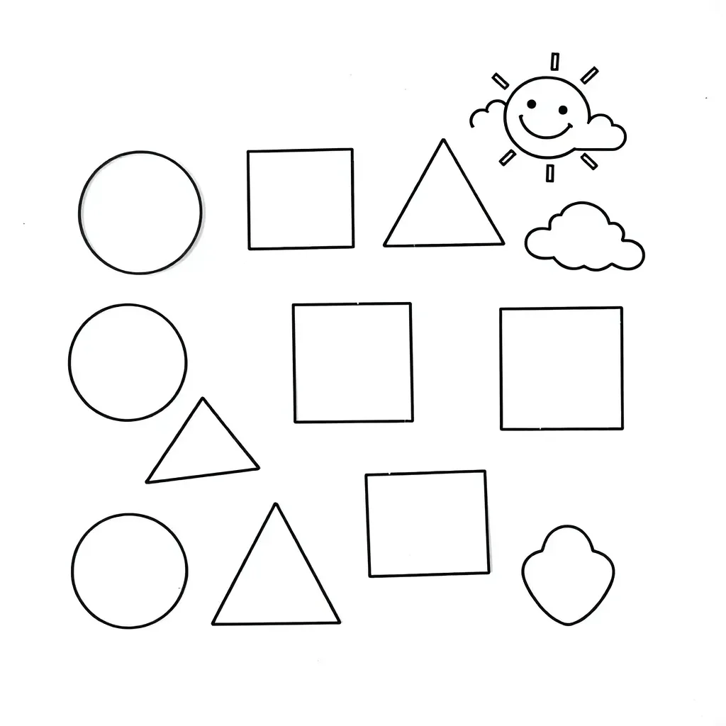 Colorful 2D shapes including circles, triangles, squares, and rectangles