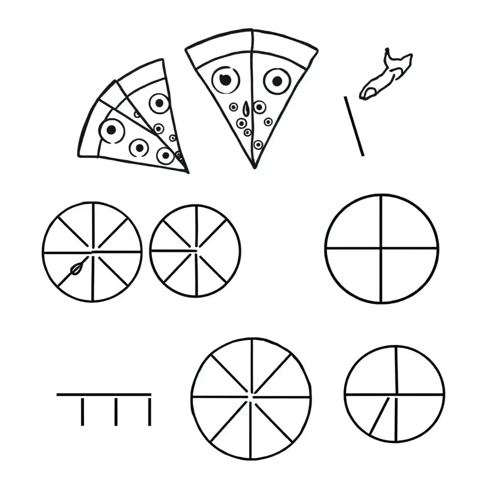 Fractions illustration with pizza slices and fraction bars