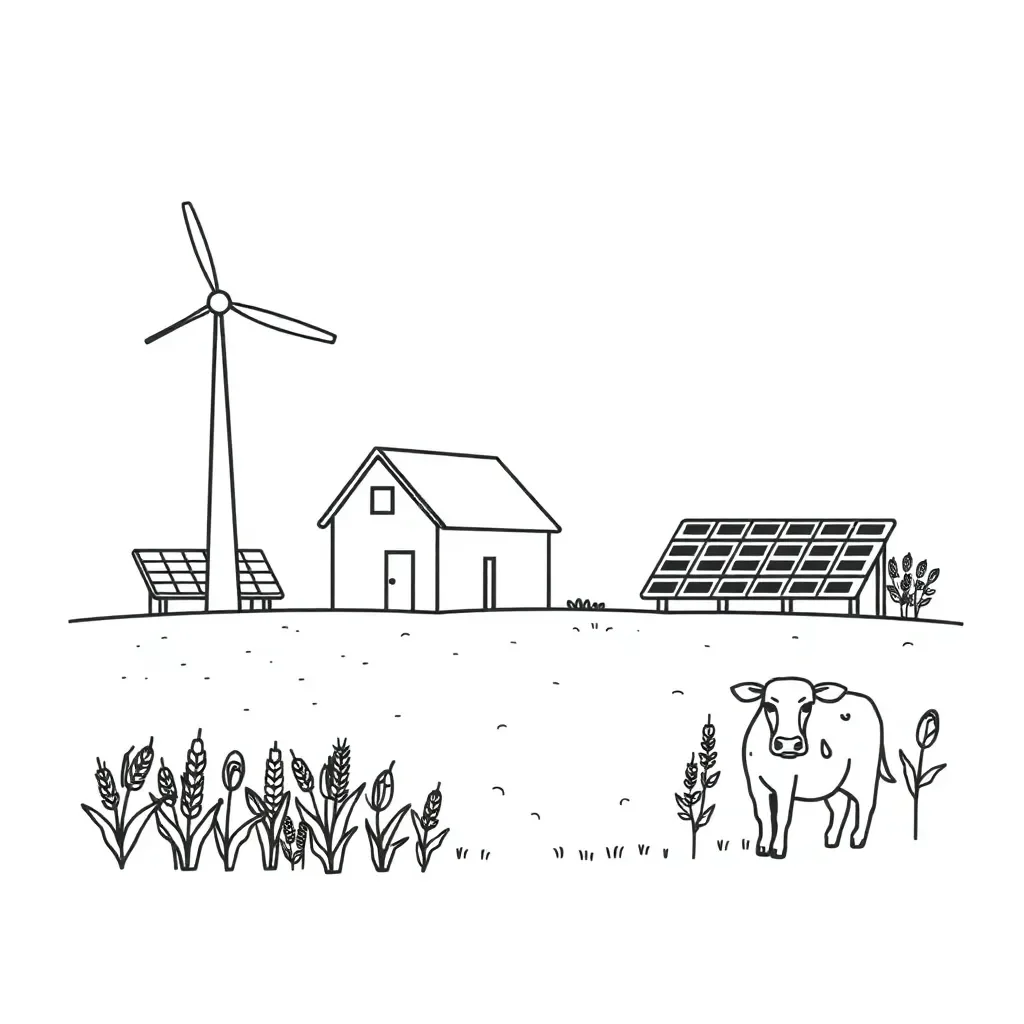 Farm with wind turbine and solar panels