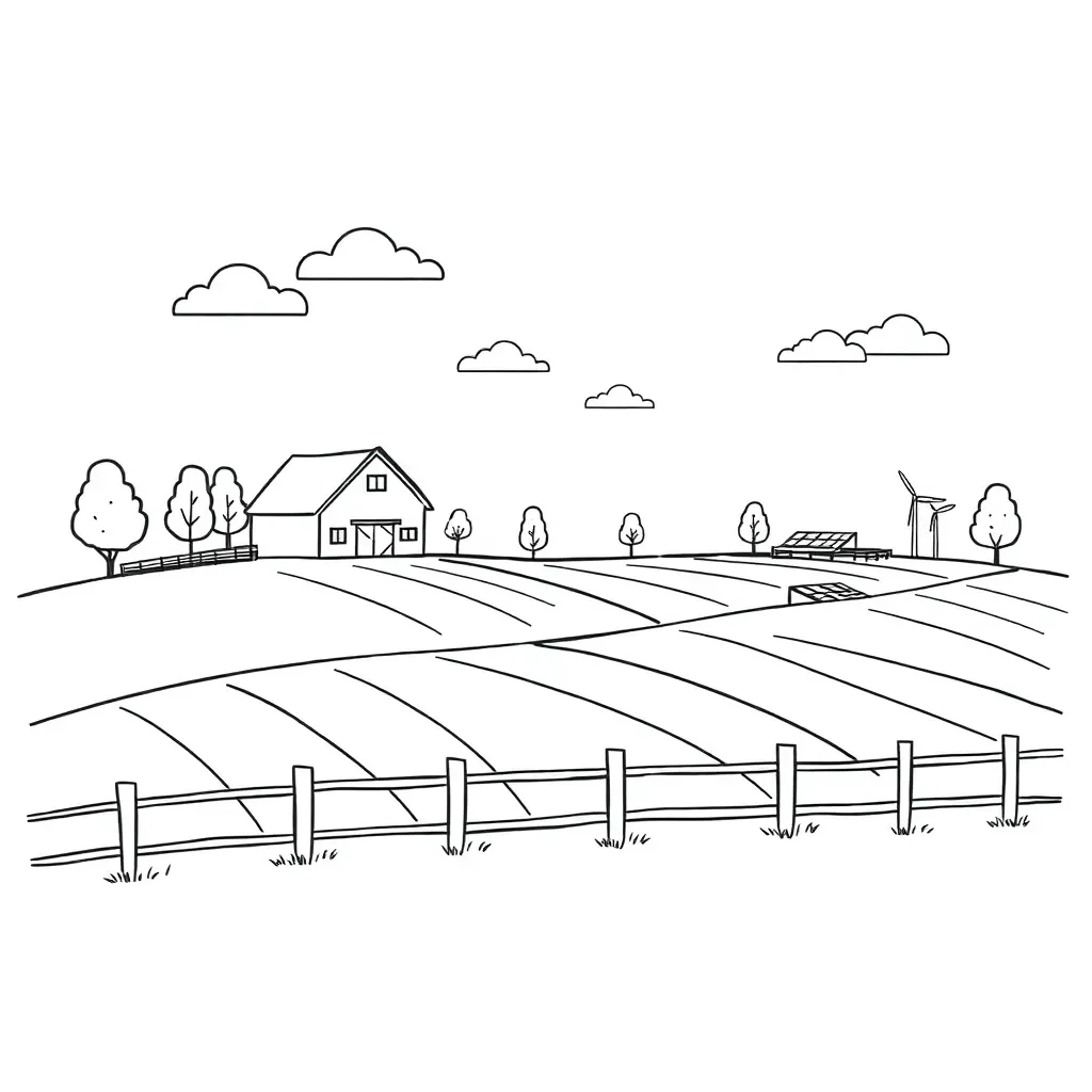 Farm with wind turbines and solar panels