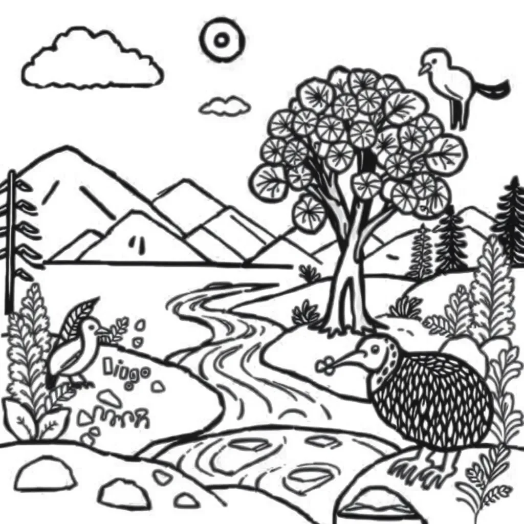 Colourful nature illustration with leaves, flowers and stones