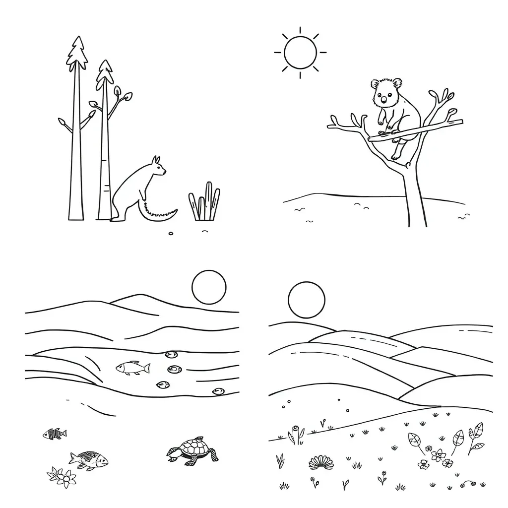 Different habitats including forest, desert, ocean and grassland