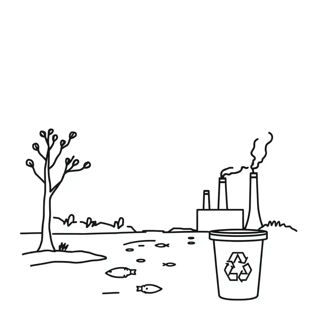 Illustration showing deforestation, pollution and conservation side by side