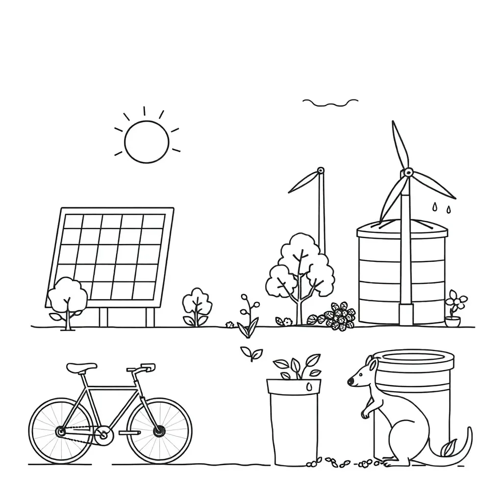 Sustainable technology illustration showing solar panels, wind turbines and recycling symbols
