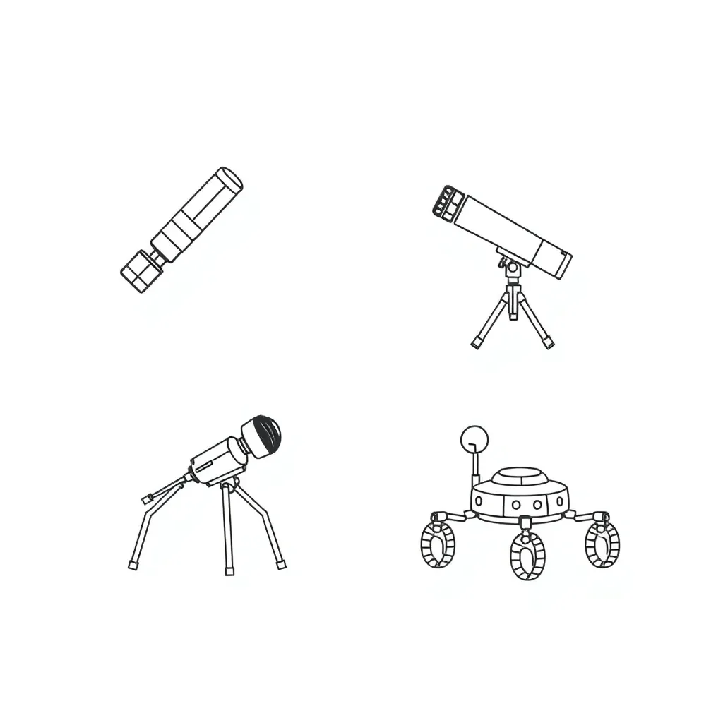 Illustration of space technology including satellite, telescope, probe and rover