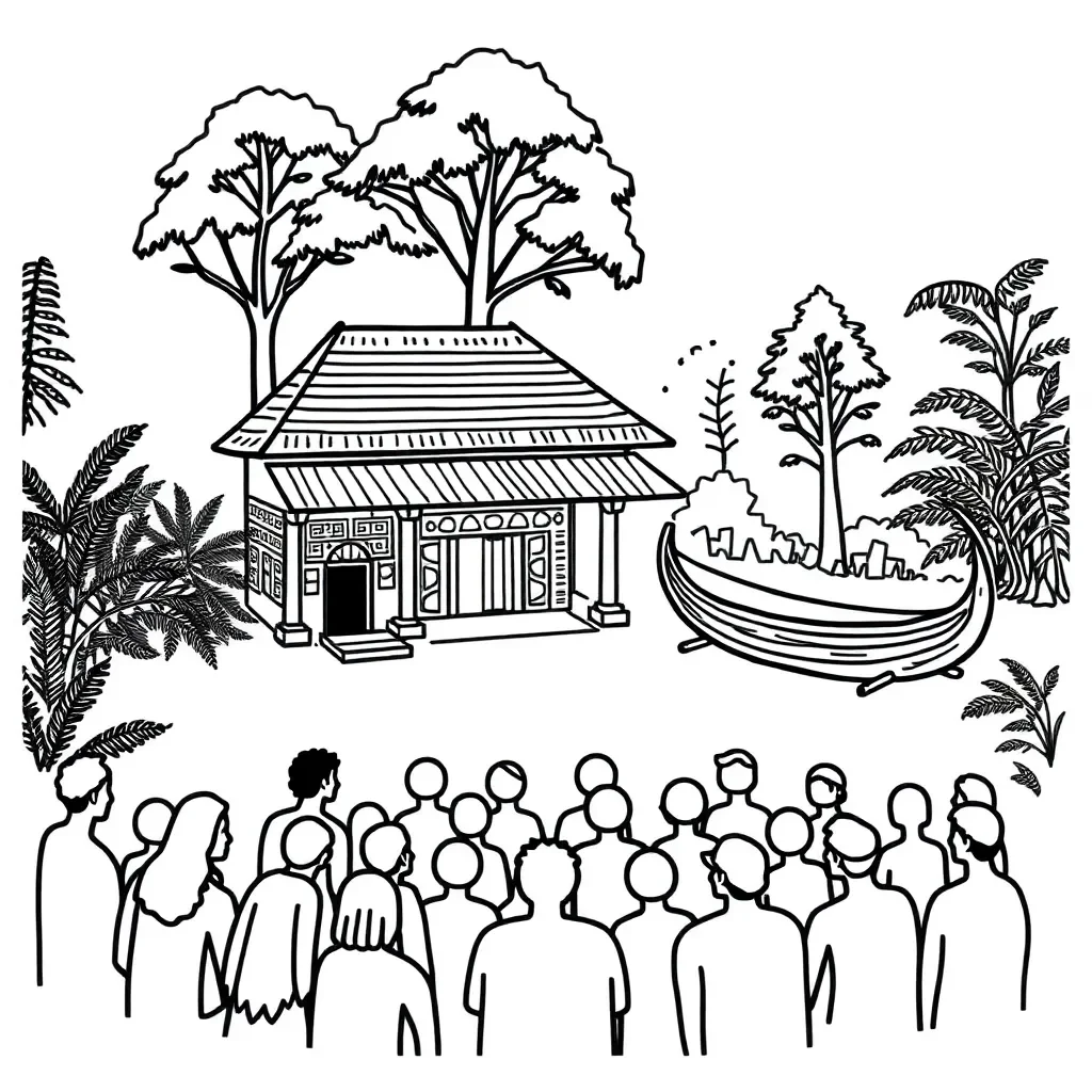 Marae illustration showing wharenui and manaia carvings