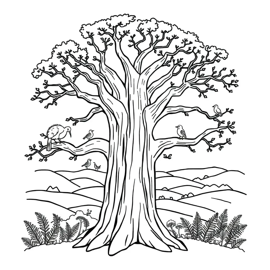 Tane Mahuta and native New Zealand birds illustration