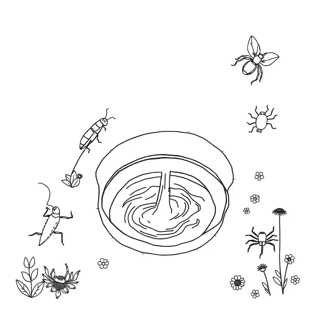Cartoon bugs peeking out of a drain