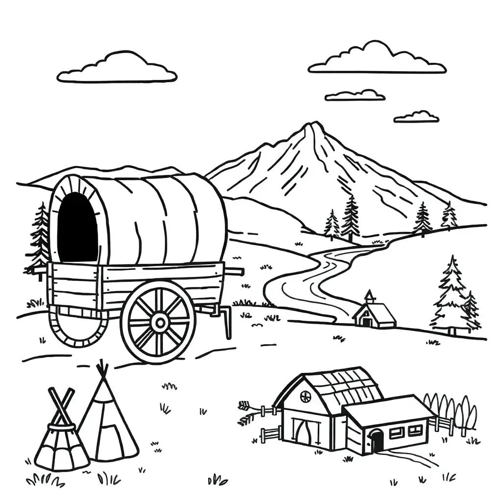 Covered wagon traveling west across plains
