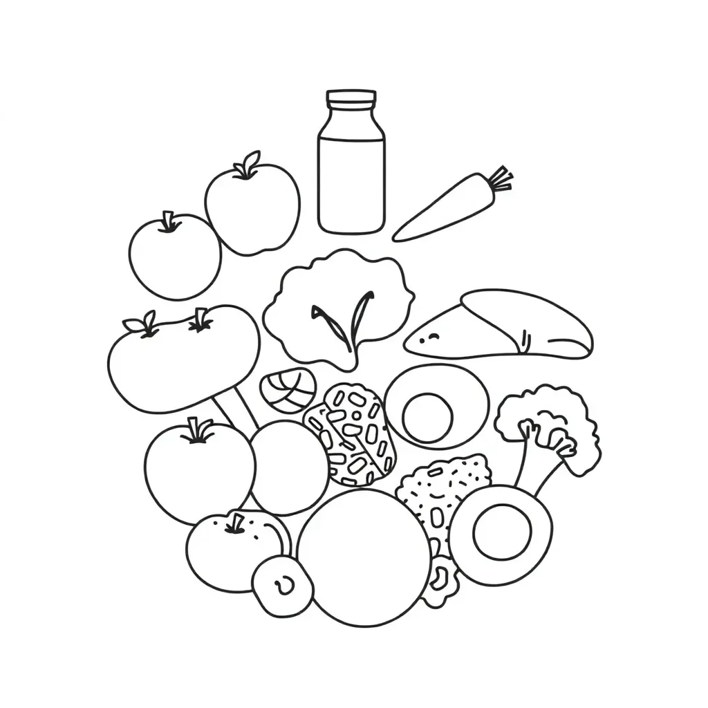 Healthy food pyramid with fruits, vegetables, grains, and proteins