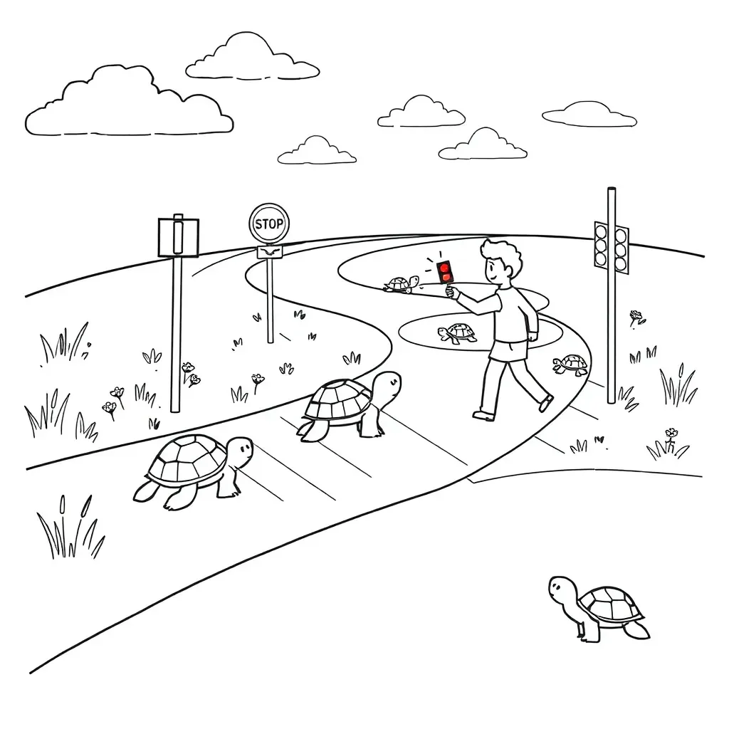 Turtle crossing road safely