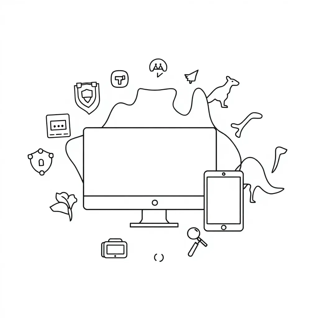 Digital safety illustration showing devices and online safety symbols