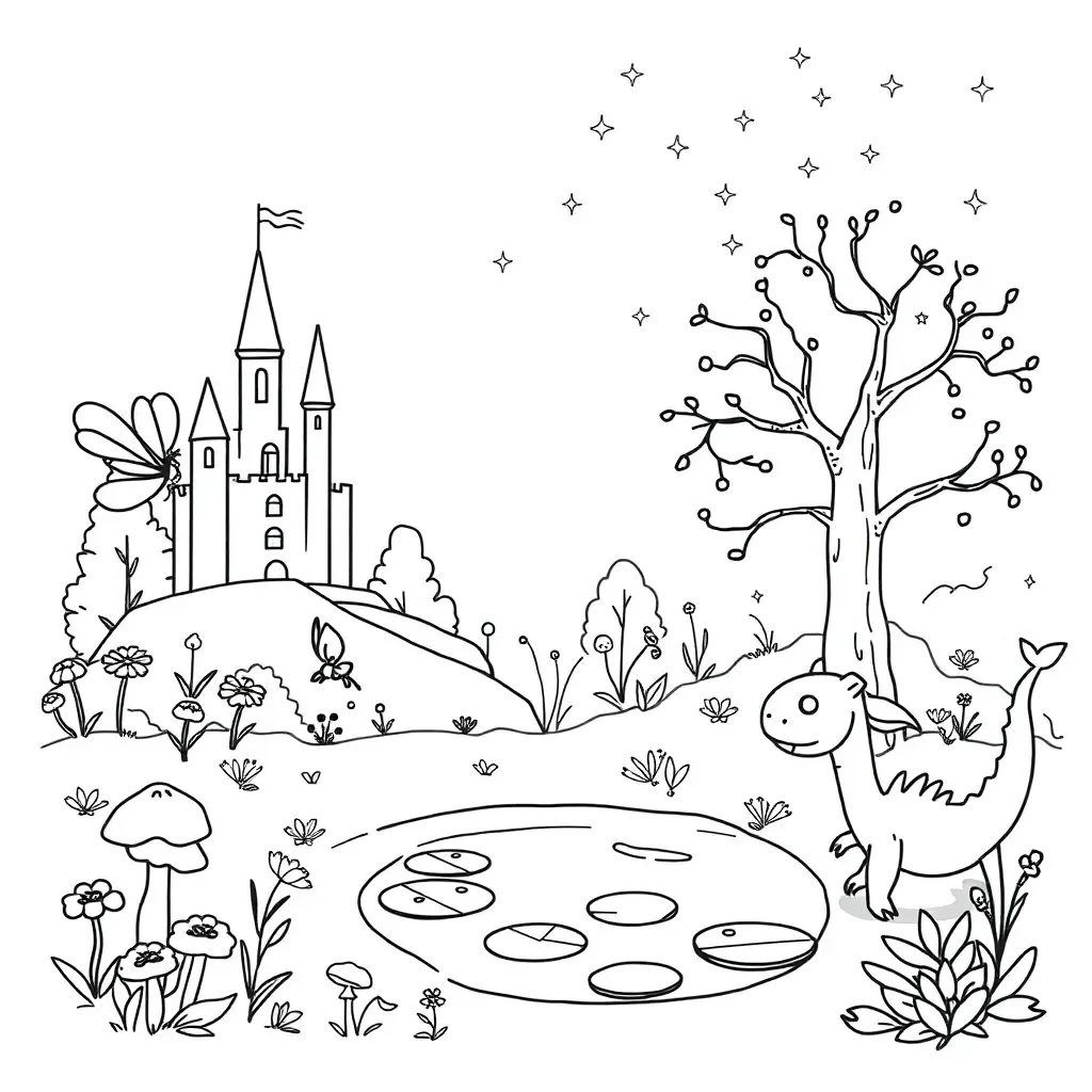 Magical fairy tale illustration with castle and forest