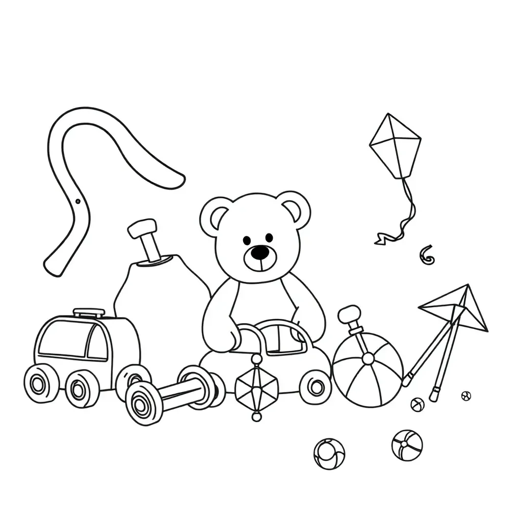 Various toys including teddy bear, blocks, and ball