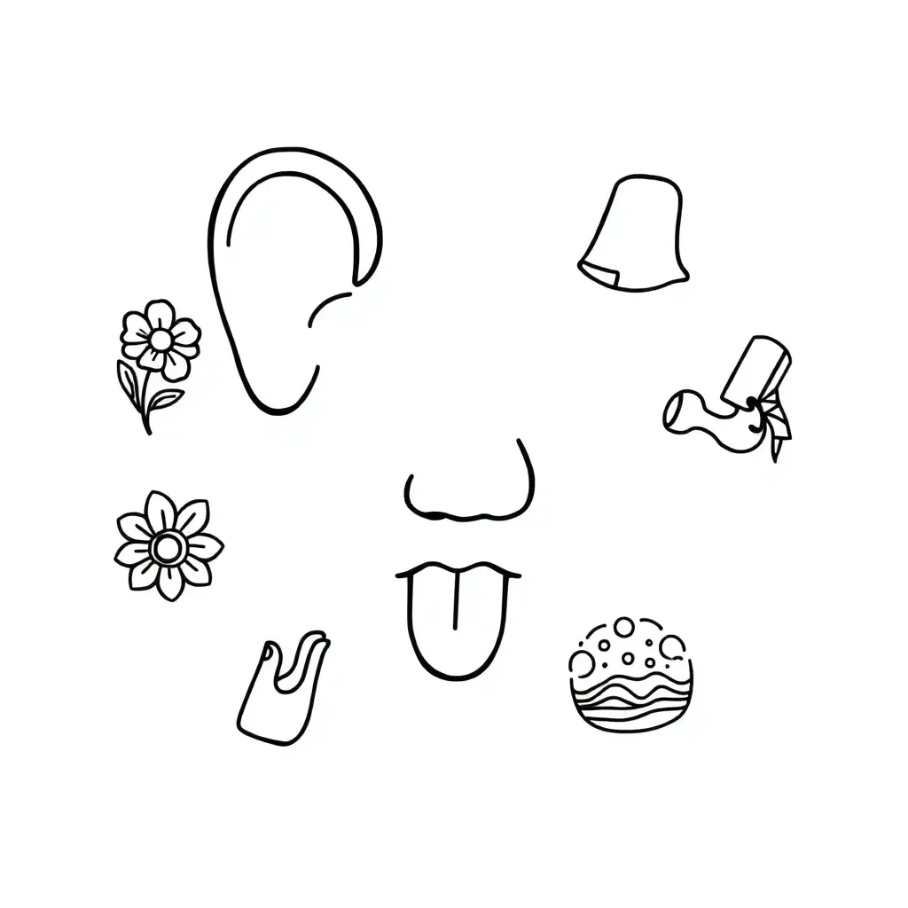 Five senses illustration showing eyes, ears, nose, mouth, and hands