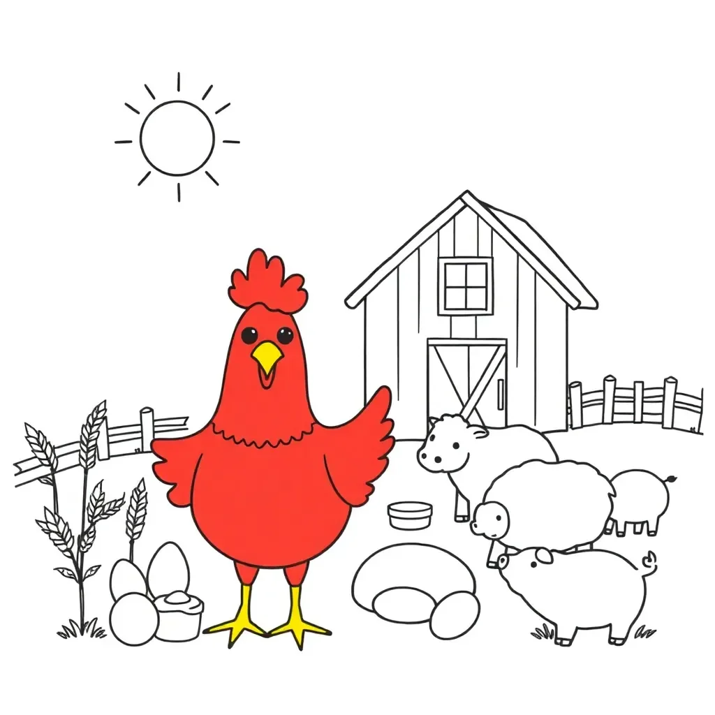 Little Red Hen on a farm with various farm products