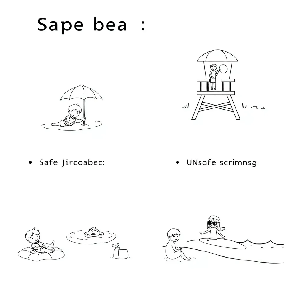 Beach safety illustration with sun, water and children