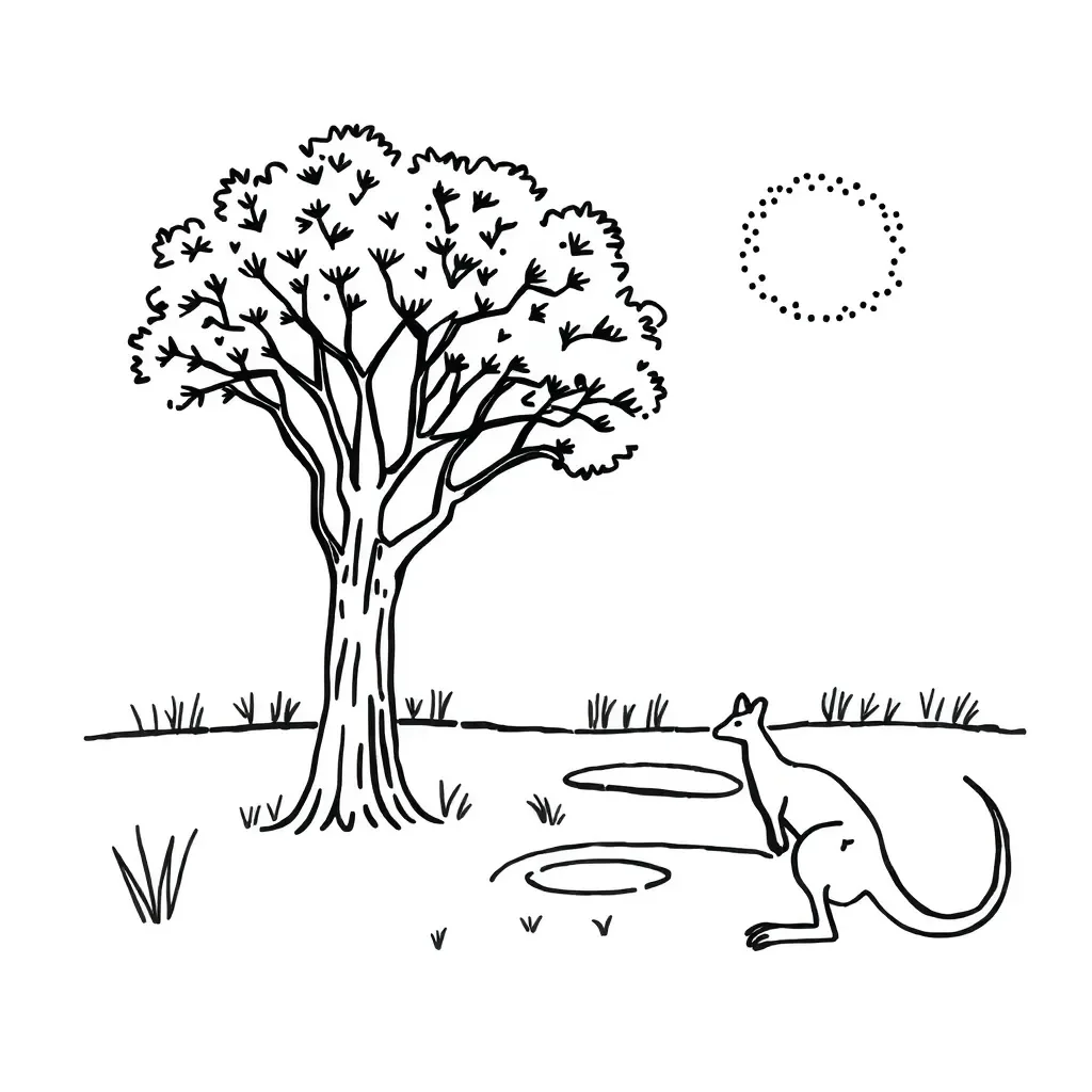 Aboriginal dot painting style landscape with trees and water
