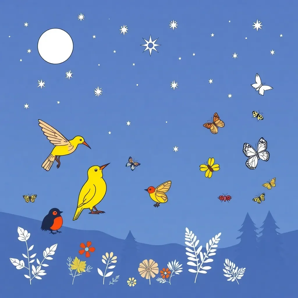 Nature illustration with stars, birds and butterflies