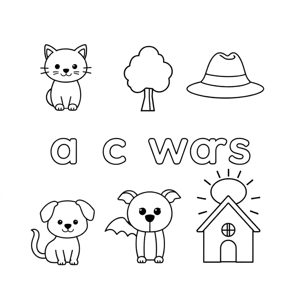 CVC words illustration with cat, bat, and hat