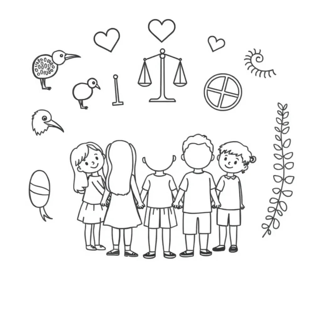 Social justice symbols including scales of justice and diverse hands