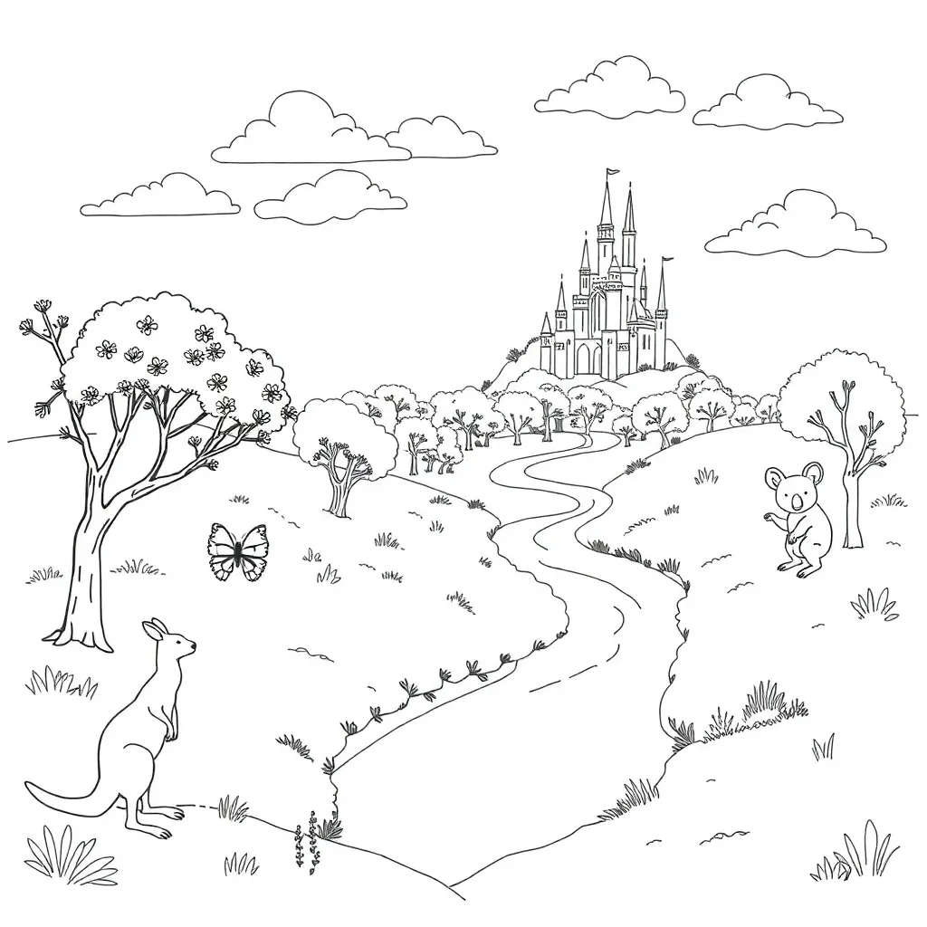 Fairy tale illustration with castle and characters