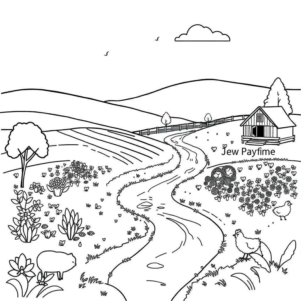 Farm with stream and animals