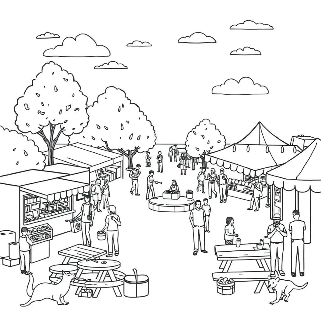 Rivergum Twilight Market scene with food trucks and stalls