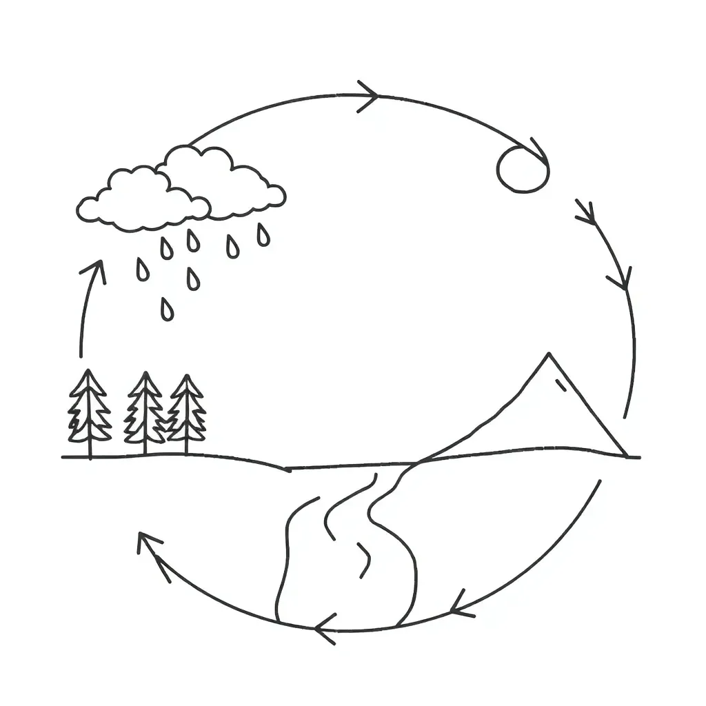 Water cycle diagram showing evaporation, condensation, and precipitation