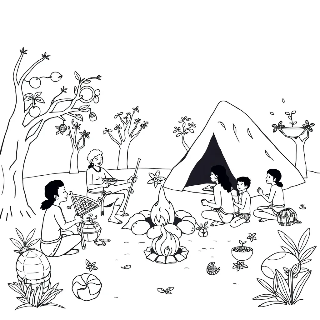 Aboriginal tools and shelter illustration