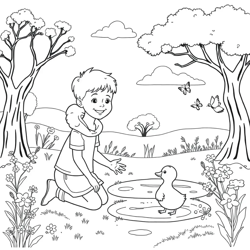 Child helping a lost duckling by a pond