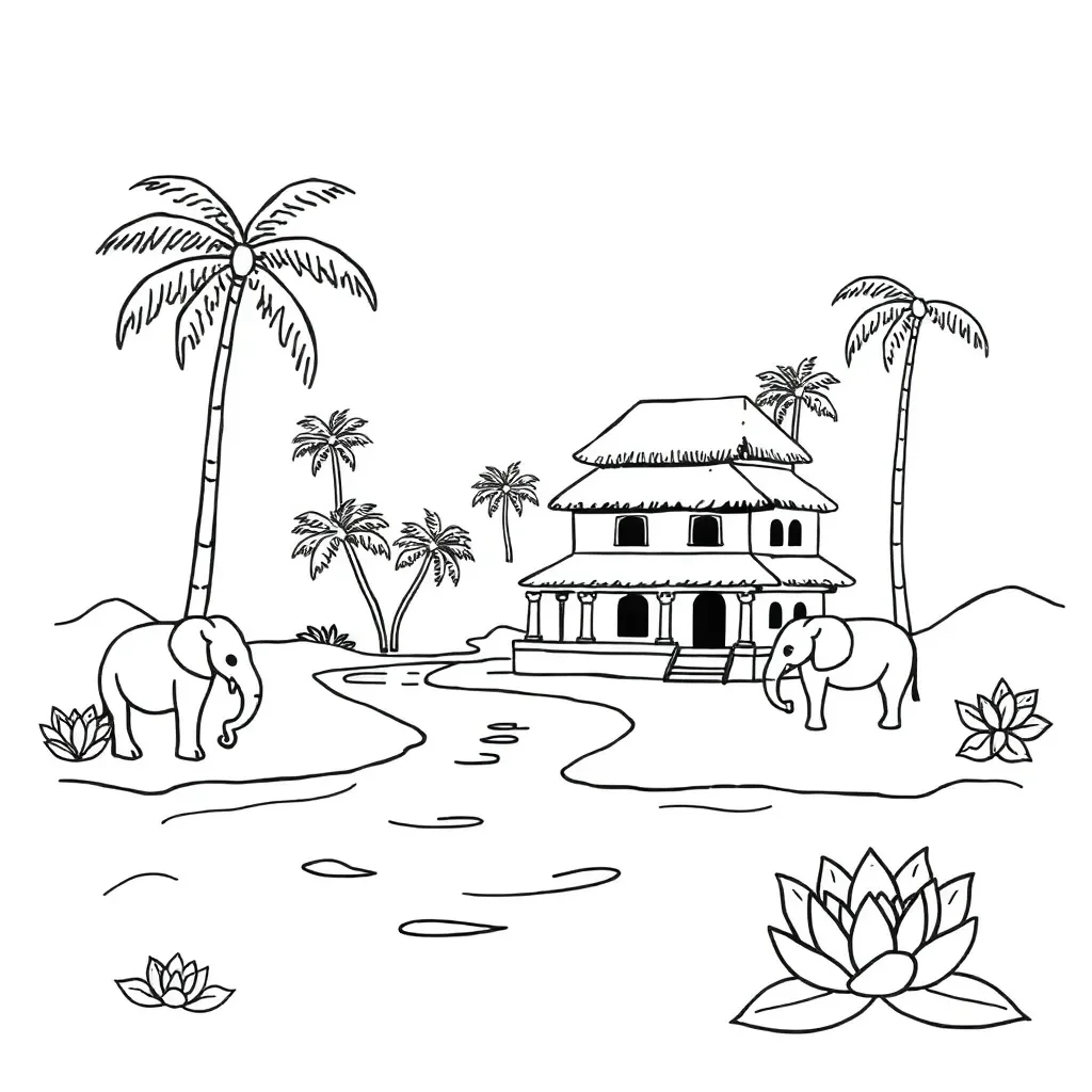 Ancient India illustration with temples and elephants